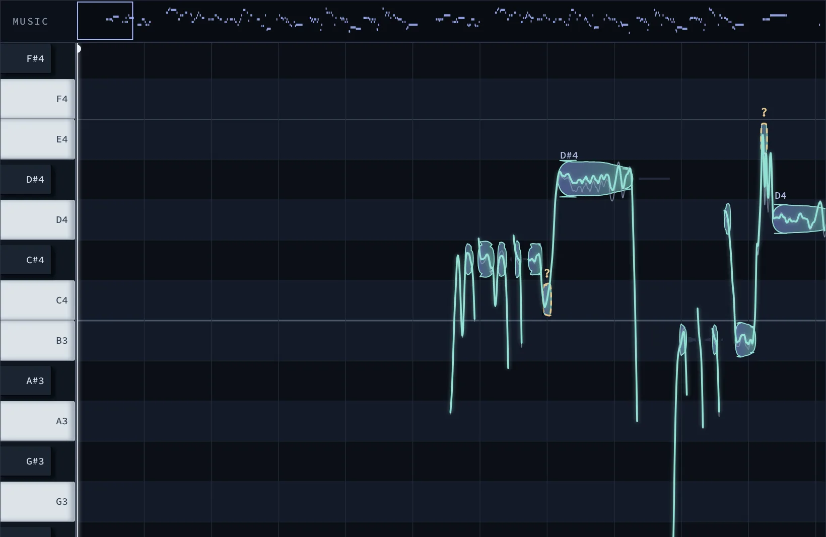 Tuning Studio note editor: each sung note drawn as a bar over the piano keys.