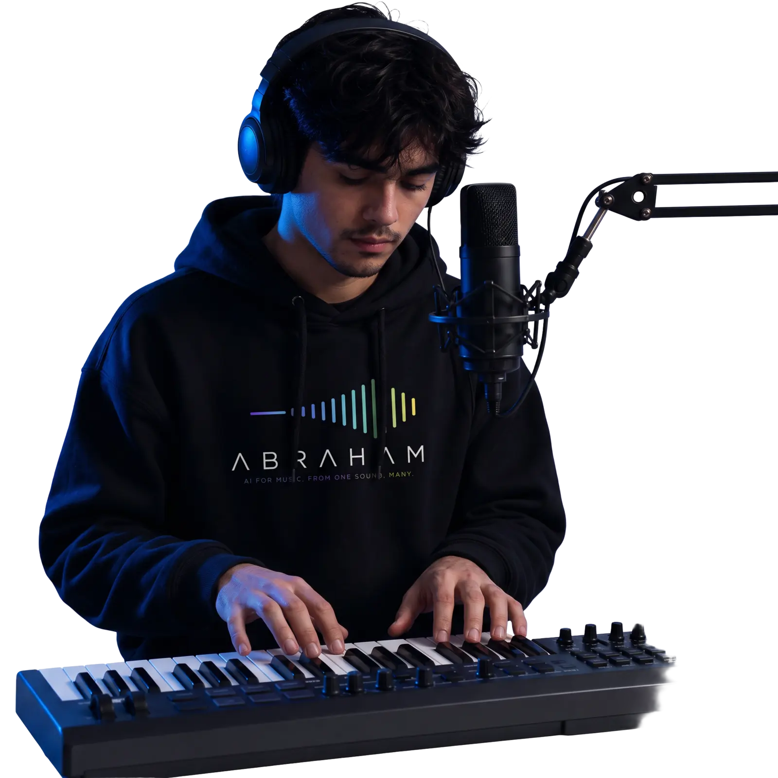 Producer wearing headphones, a studio microphone in front and hands on a MIDI controller, ringed by a band of light.